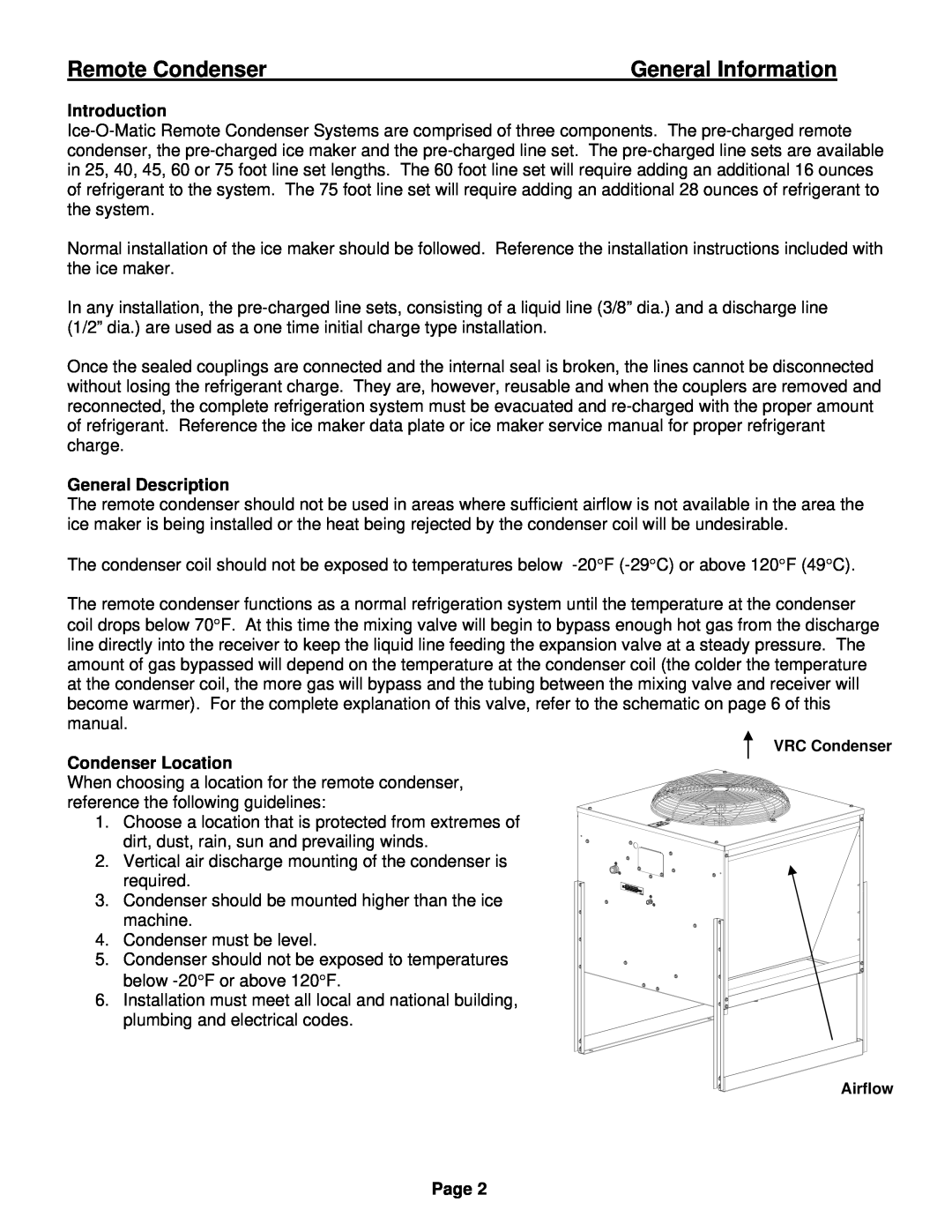 Ice-O-Matic VRC manual Remote Condenser, General Information, Introduction, General Description, Condenser Location, Page 
