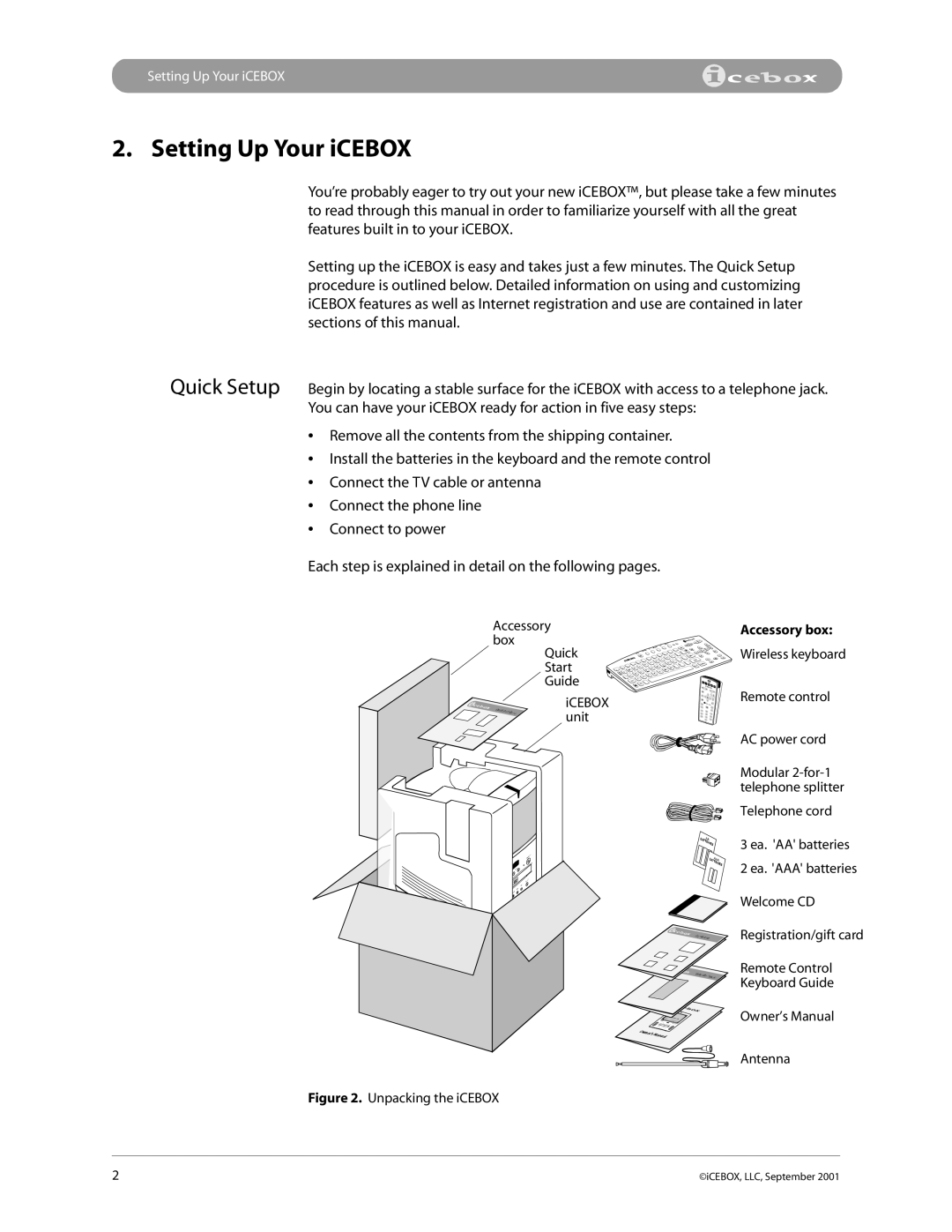 iCEBOX pmn manual Setting Up Your iCEBOX, Accessory box 