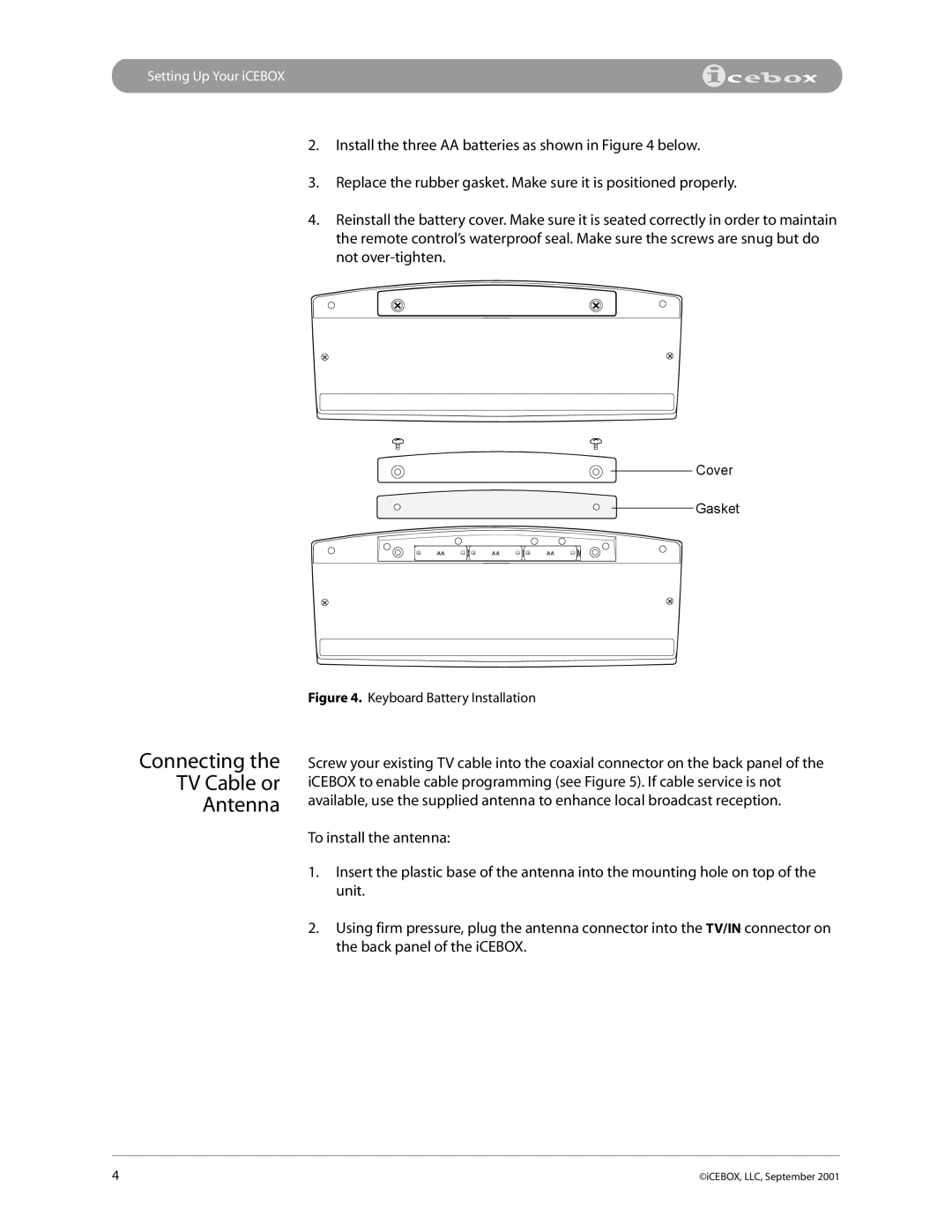 iCEBOX pmn manual Connecting TV Cable or Antenna, Keyboard Battery Installation 