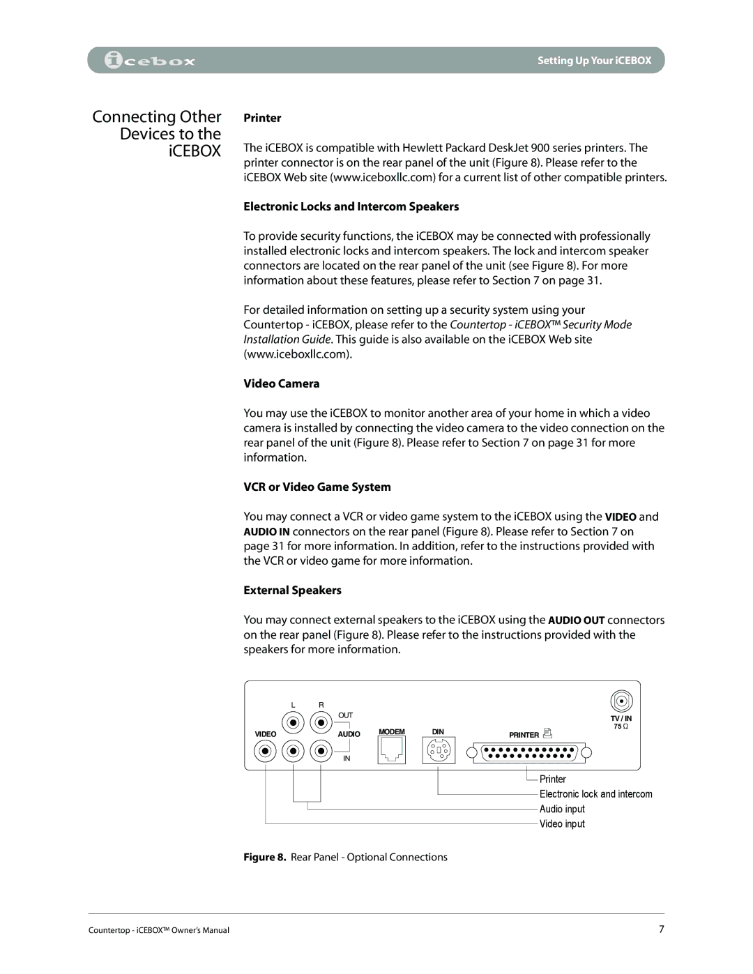 iCEBOX pmn manual Connecting Other Devices to the iCEBOX, Printer Electronic Locks and Intercom Speakers, Video Camera 