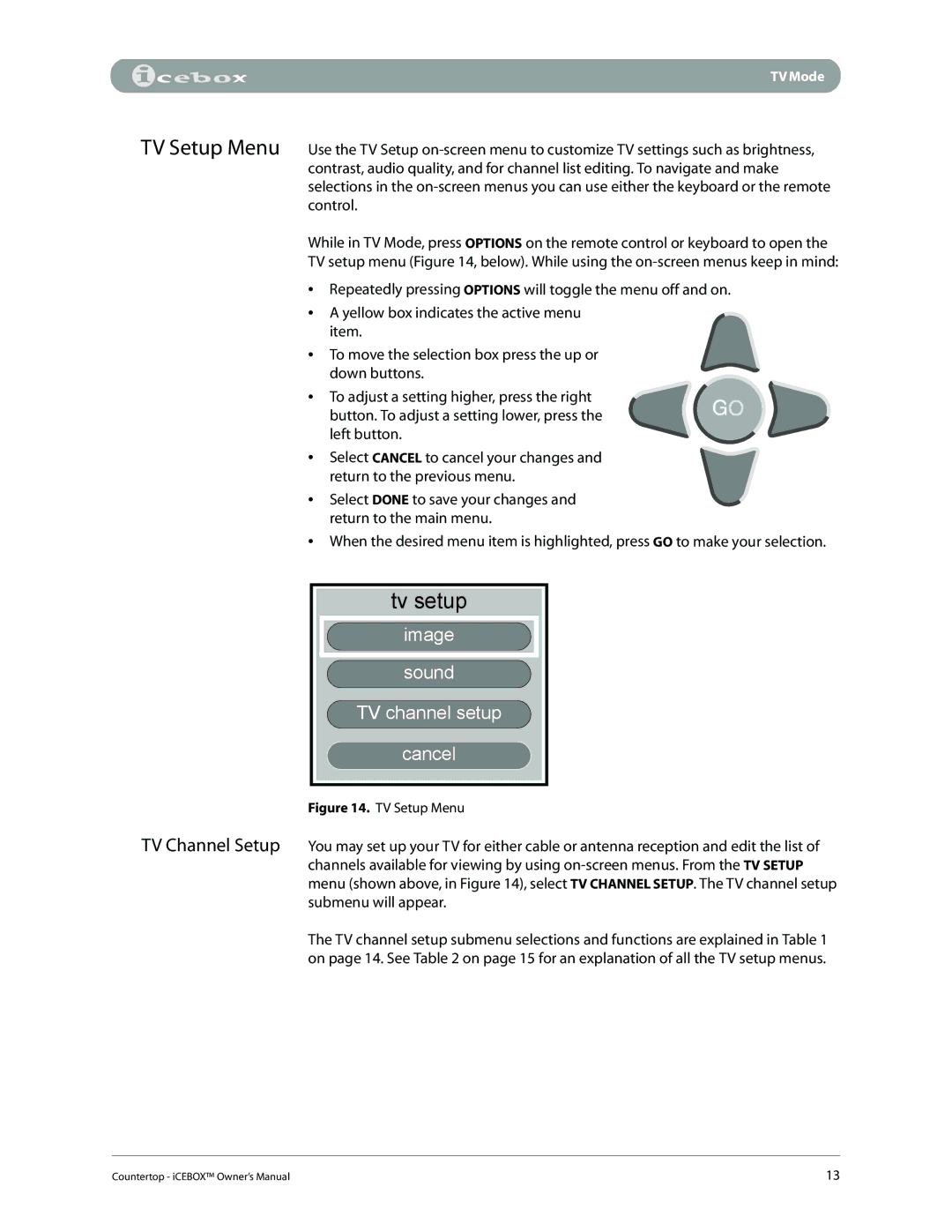 iCEBOX pmn manual Tv setup, Image Sound TV channel setup Cancel 