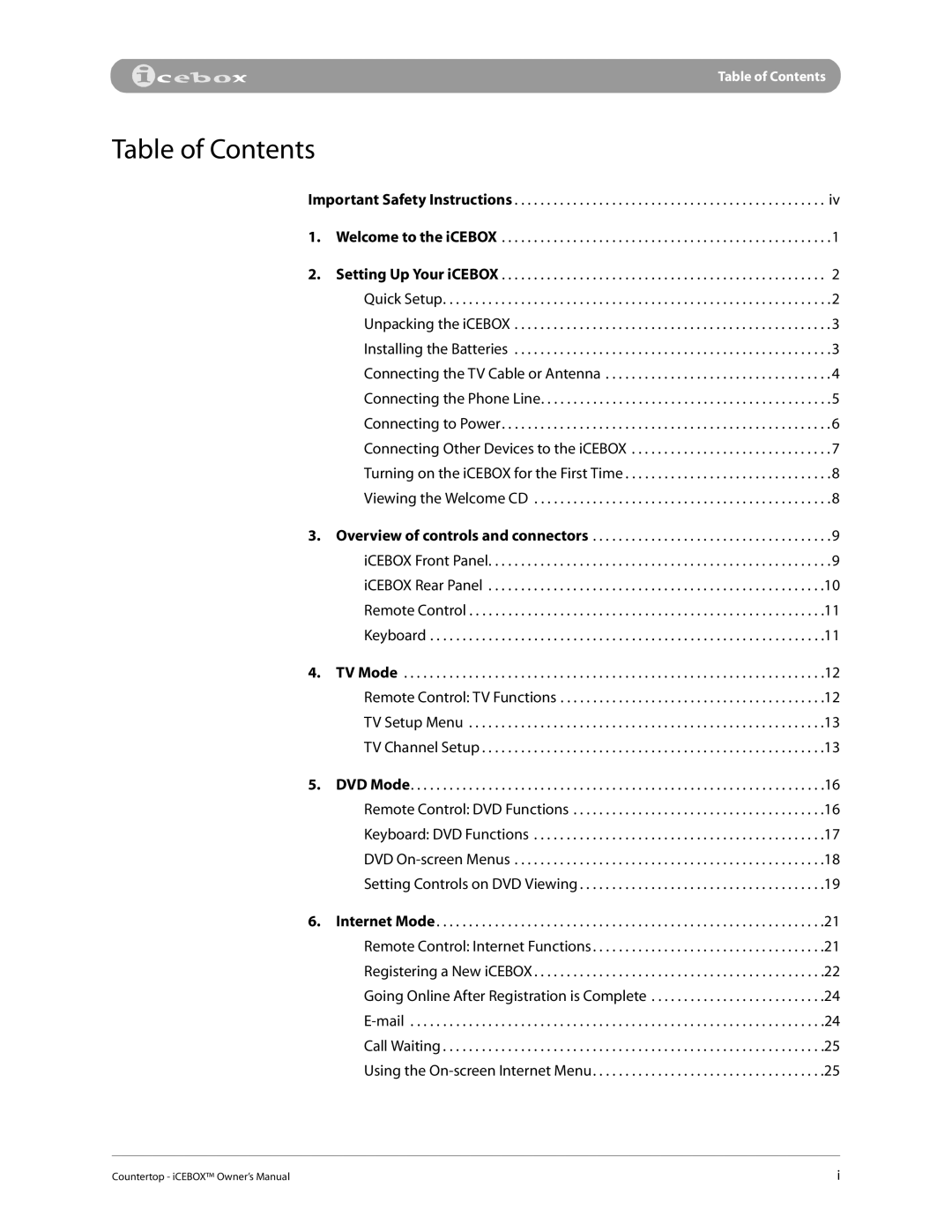 iCEBOX pmn manual Table of Contents 