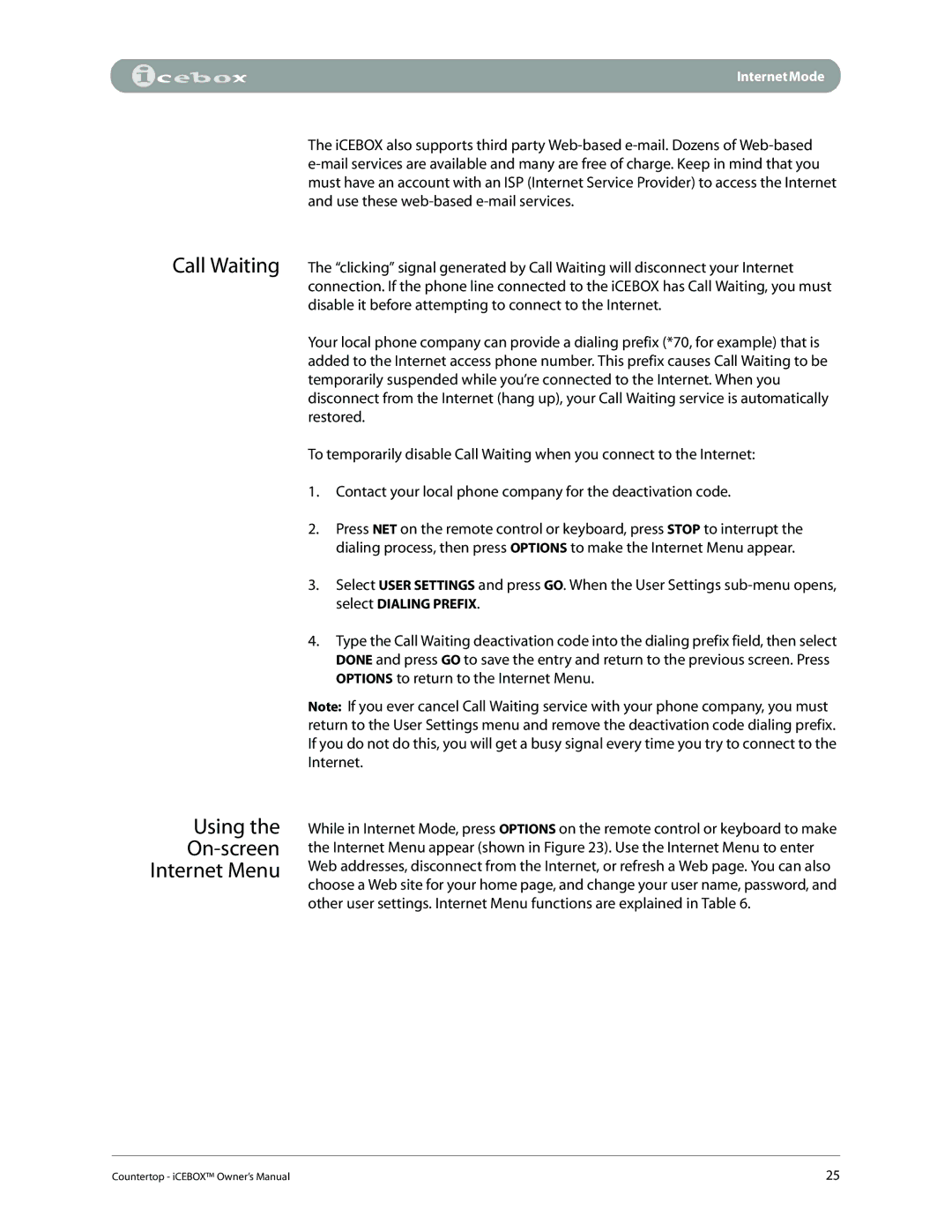 iCEBOX pmn manual Using On-screen Internet Menu 