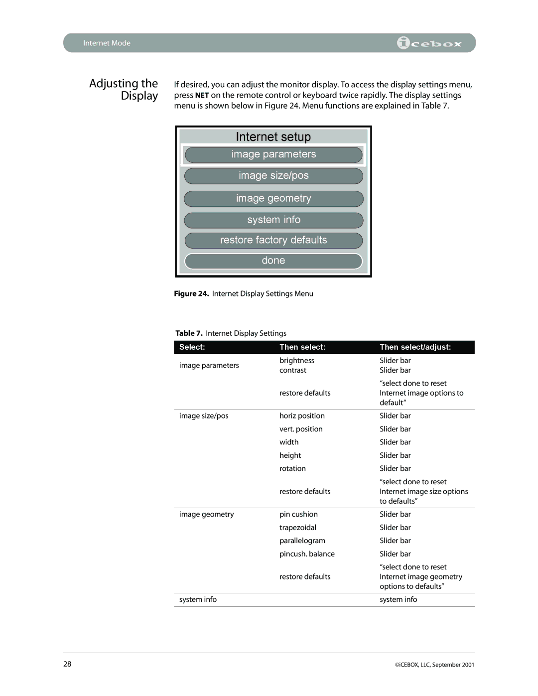 iCEBOX pmn manual Internet setup, Adjusting the Display 