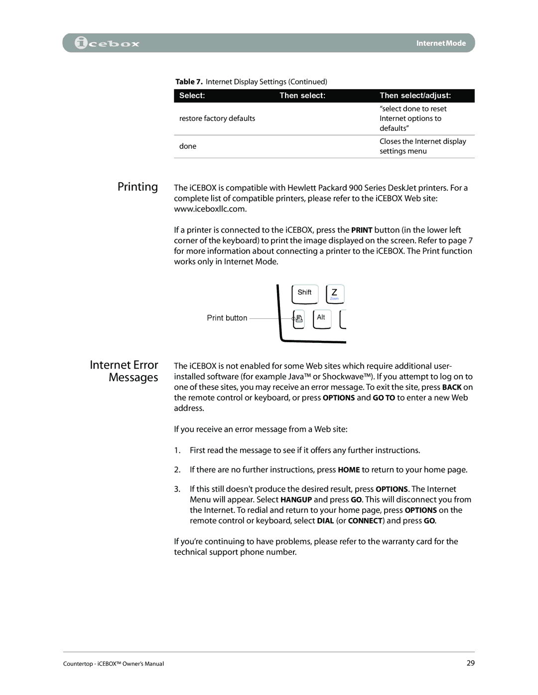 iCEBOX pmn manual Internet Error Messages 