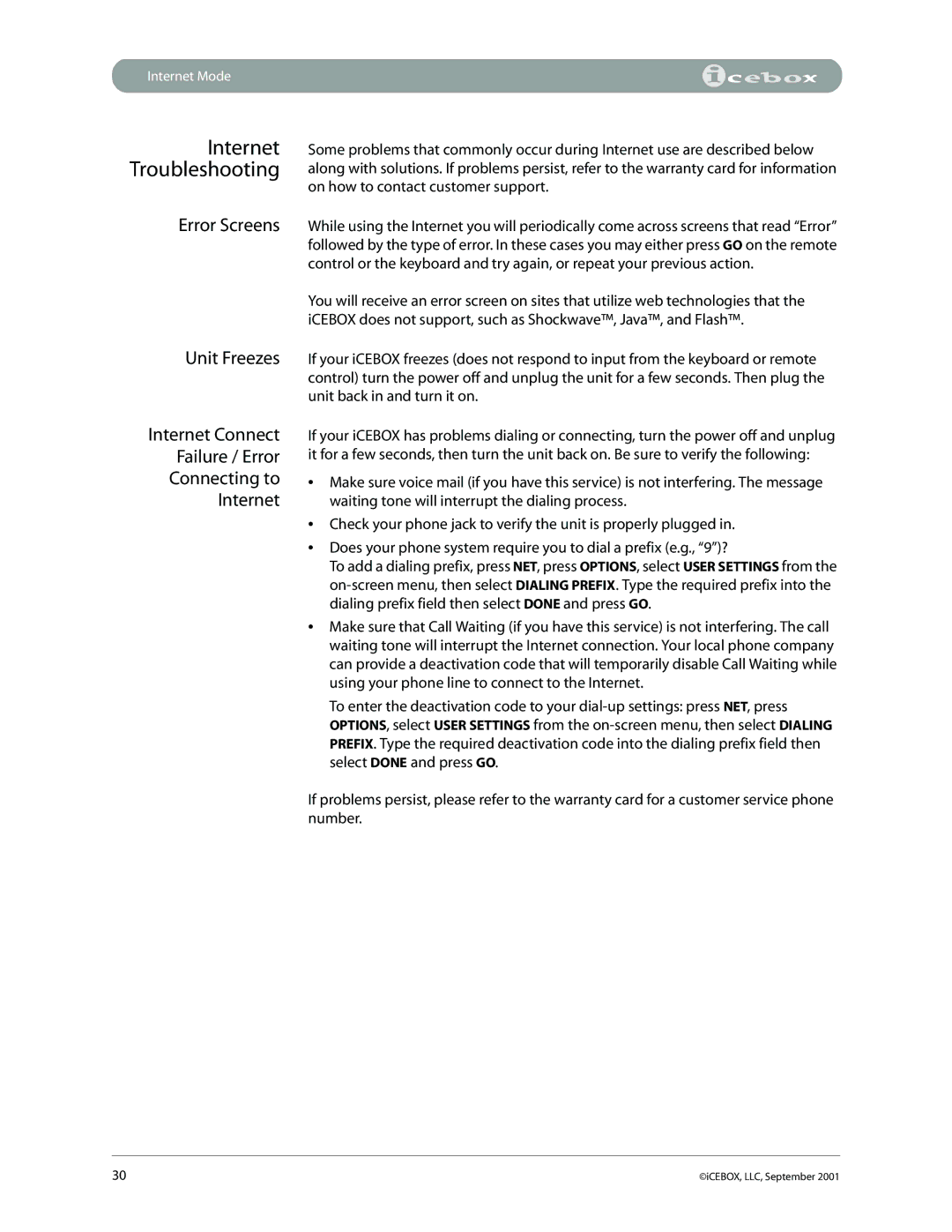 iCEBOX pmn manual Internet Troubleshooting 