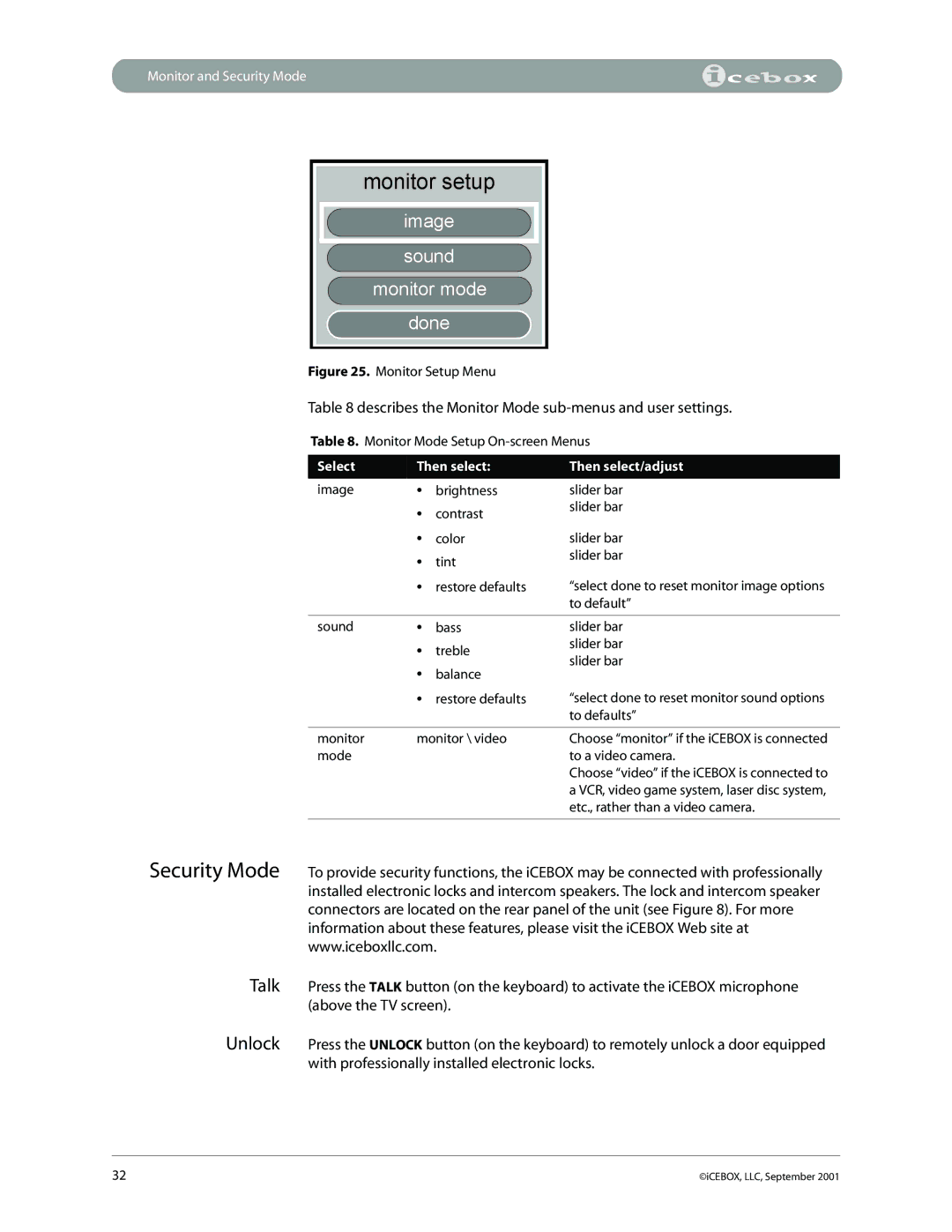 iCEBOX pmn manual Monitor setup, Security Mode 