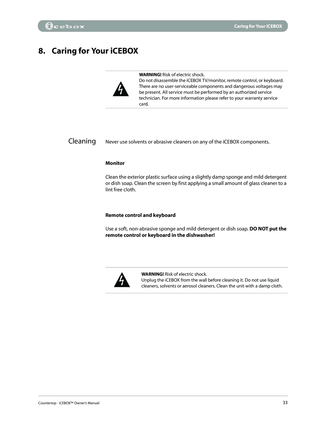 iCEBOX pmn manual Caring for Your iCEBOX, Monitor, Remote control and keyboard 