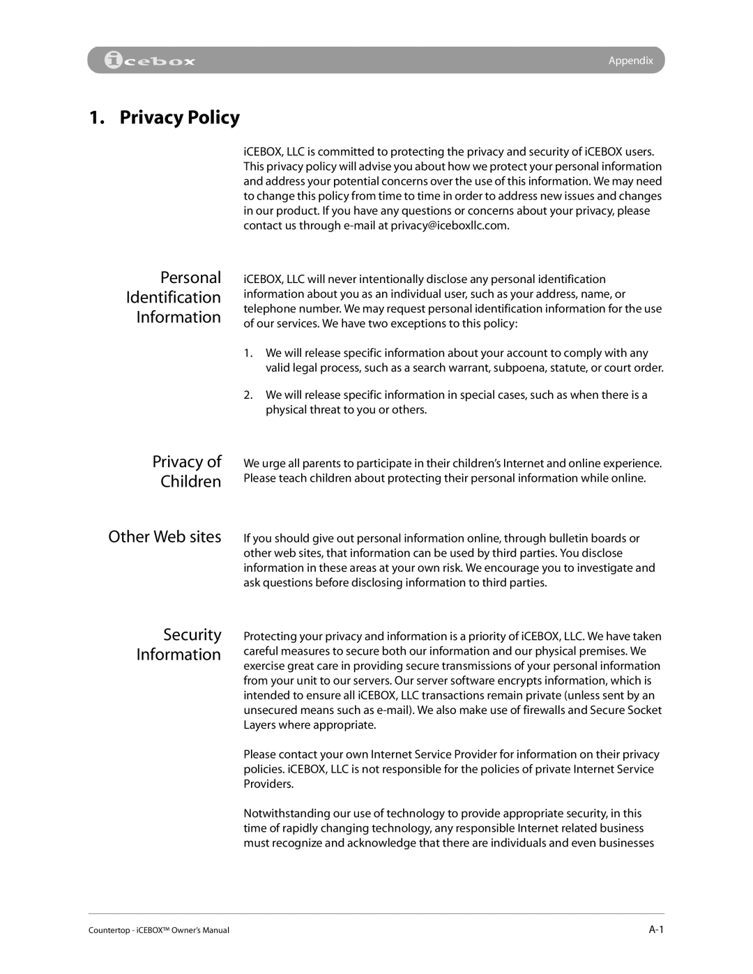 iCEBOX pmn manual Privacy Policy, Security Information 