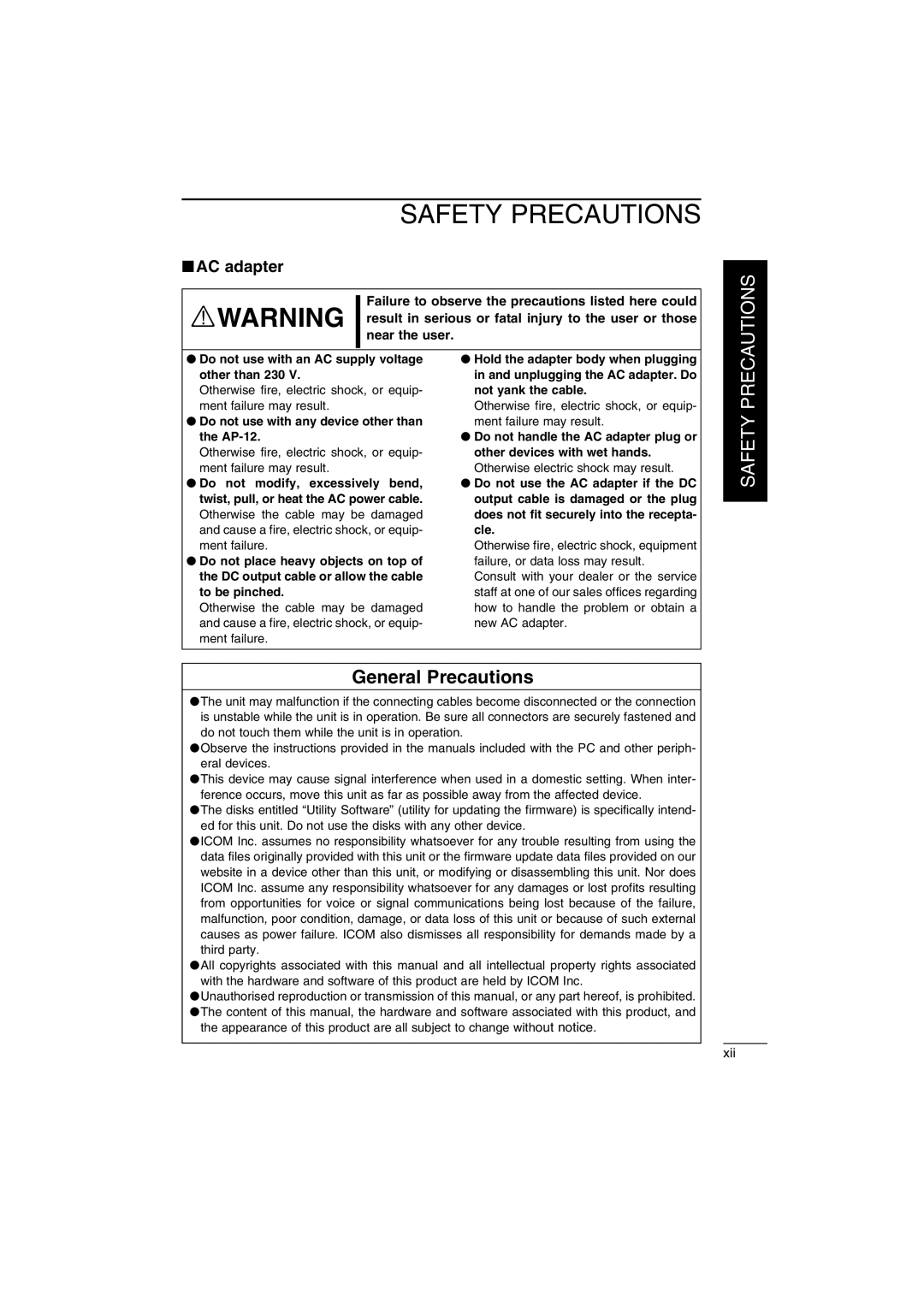 Icom AP-12 instruction manual General Precautions, AC adapter 