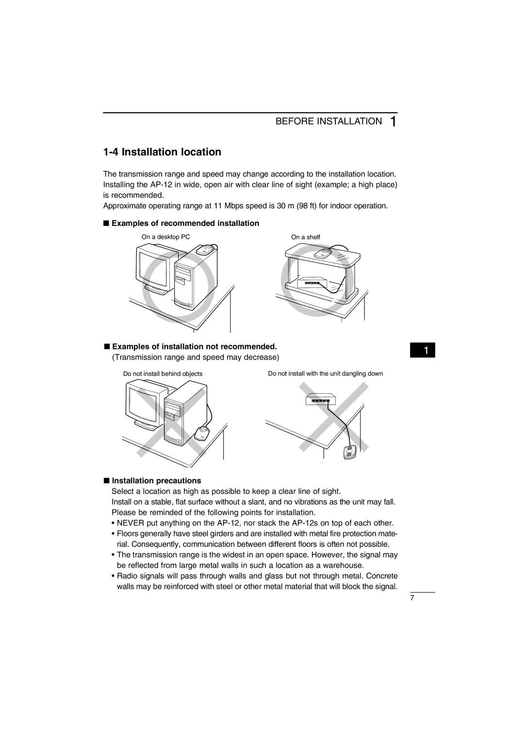 Icom AP-12 Installation location, Examples of recommended installation, Examples of installation not recommended 