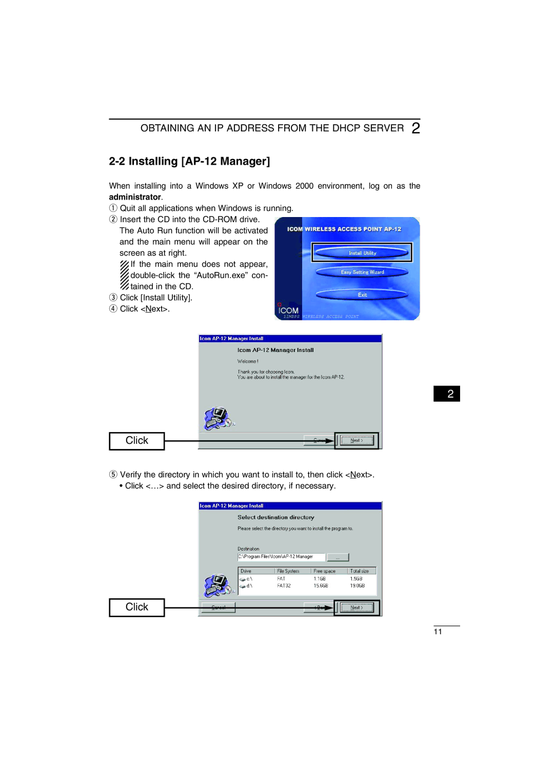 Icom instruction manual Installing AP-12 Manager, Click 