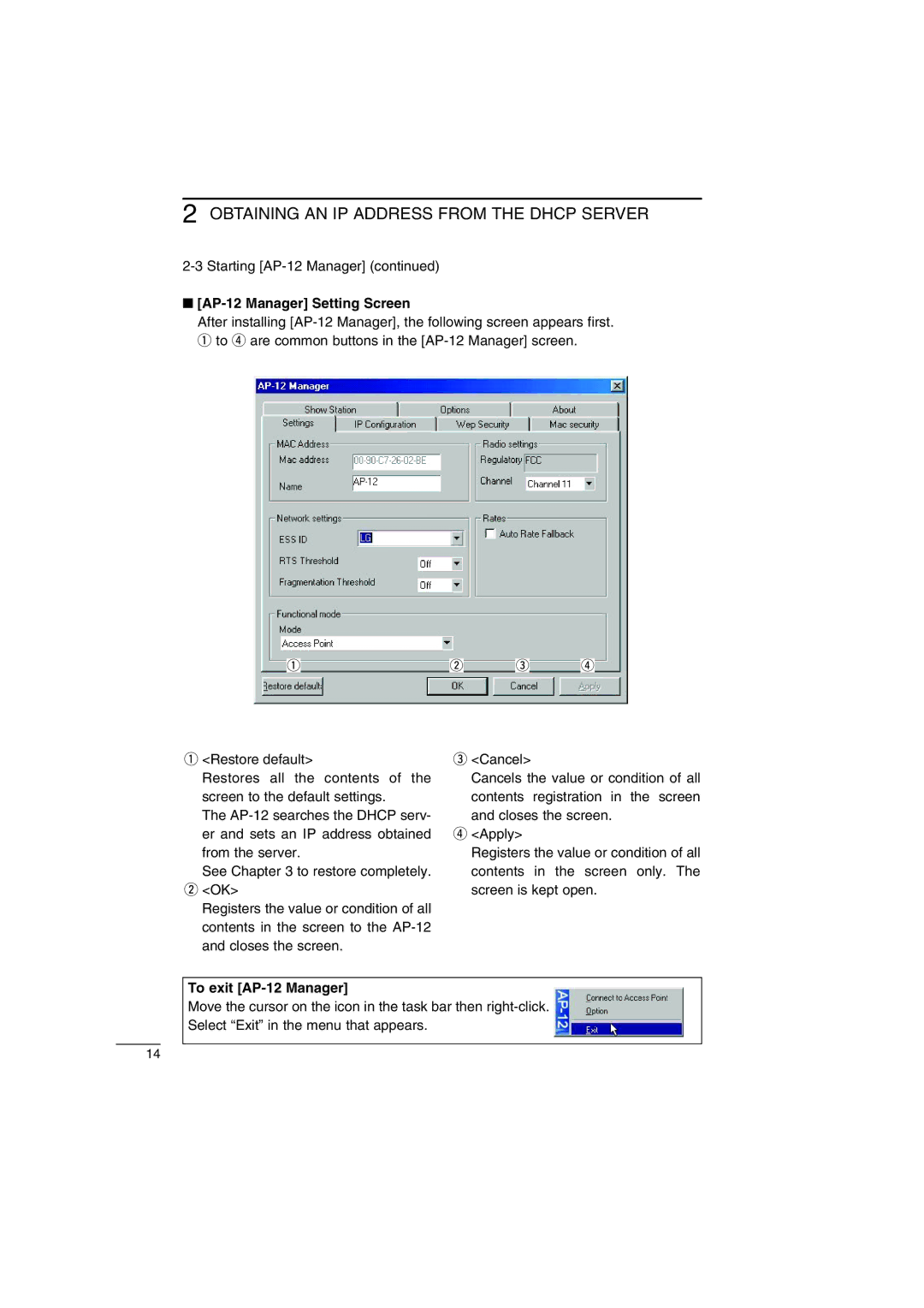 Icom instruction manual AP-12 Manager Setting Screen, To exit AP-12 Manager 