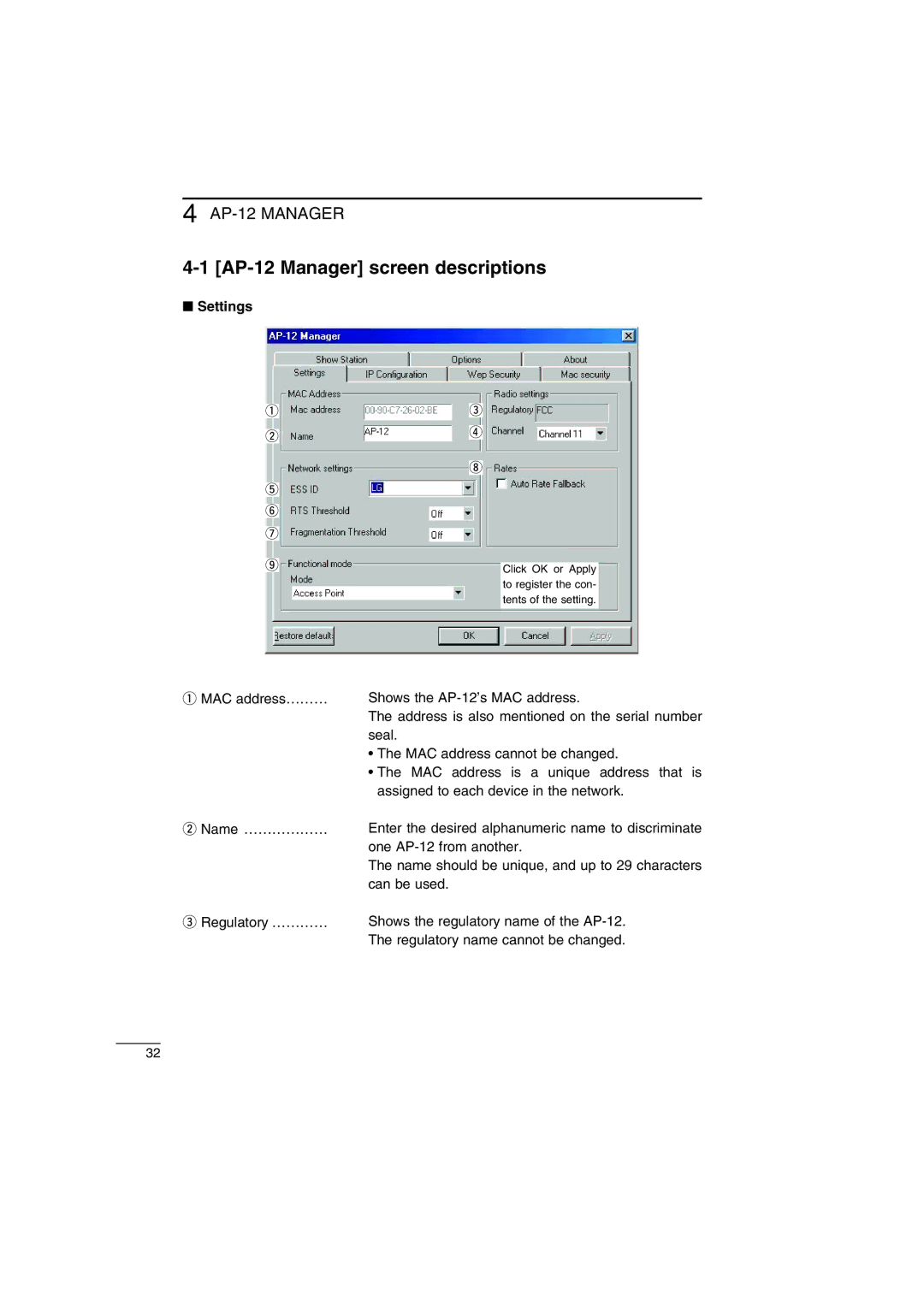 Icom instruction manual AP-12 Manager screen descriptions, Settings 