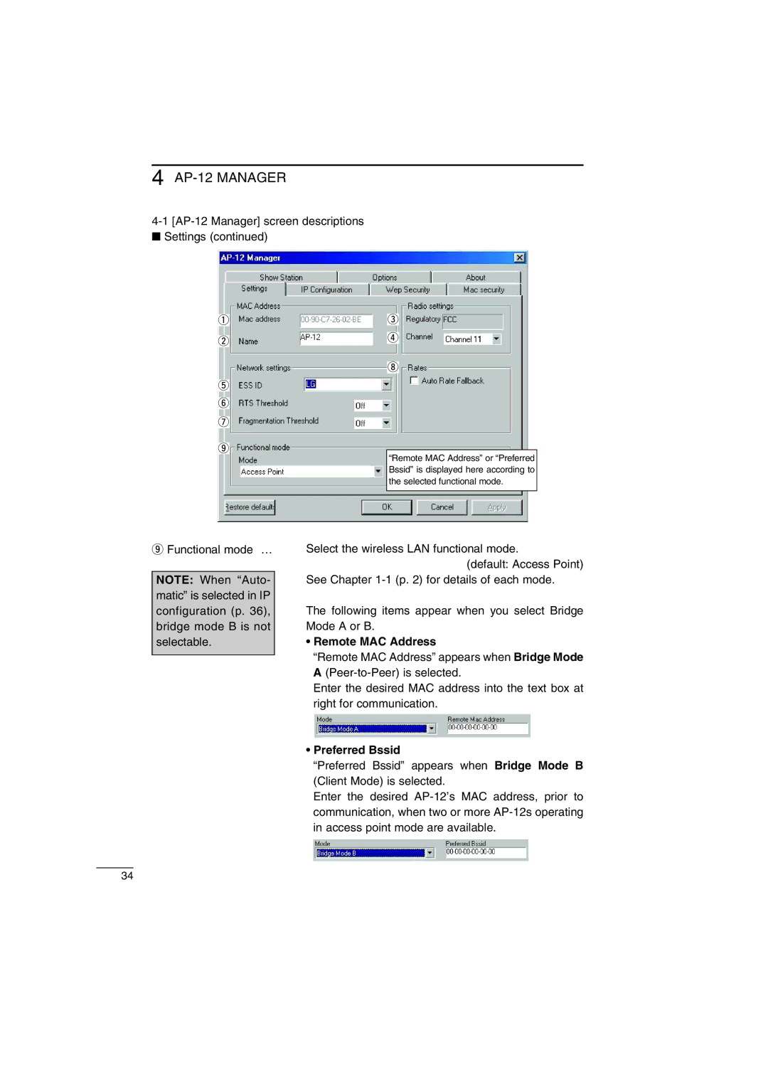 Icom AP-12 instruction manual Remote MAC Address, Preferred Bssid 