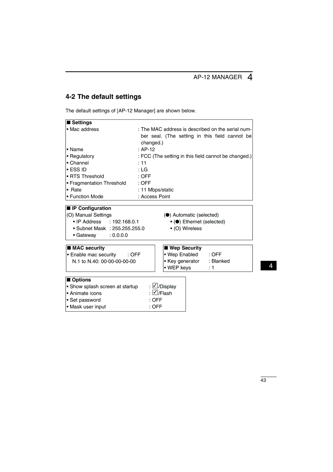 Icom AP-12 instruction manual Default settings, MAC security Wep Security 