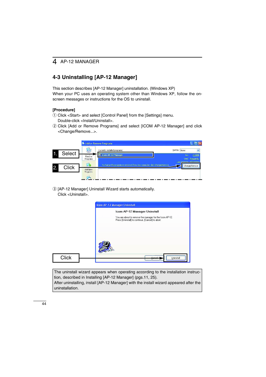 Icom instruction manual Uninstalling AP-12 Manager, Procedure 