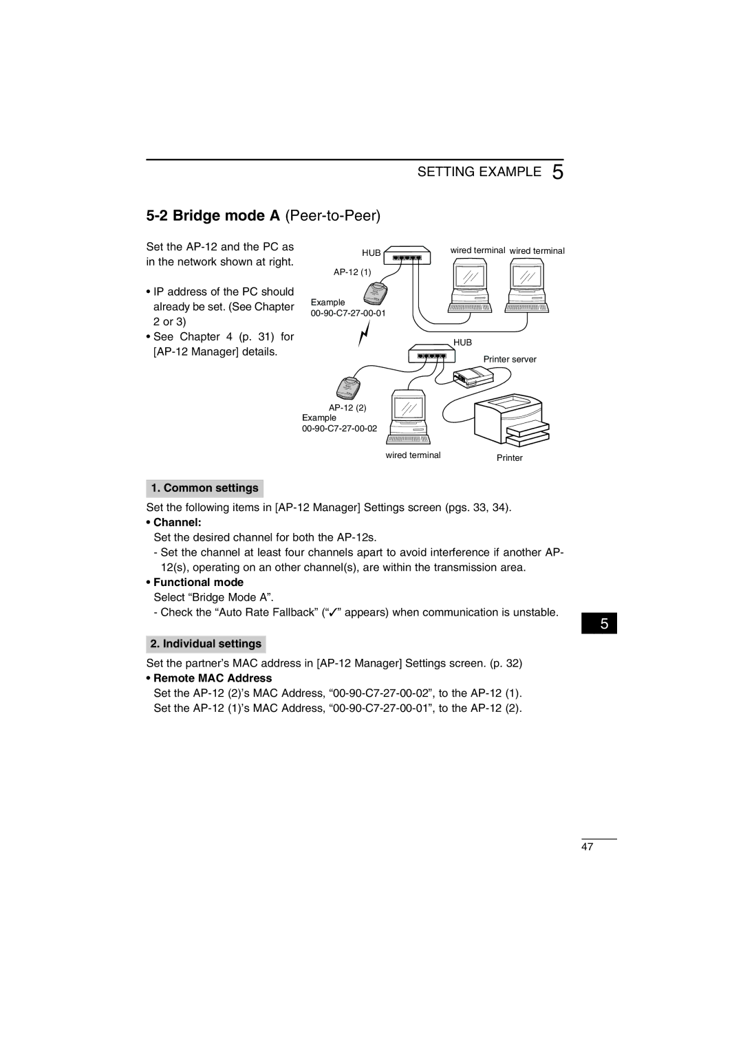 Icom AP-12 Bridge mode a Peer-to-Peer, Common settings, Functional mode Select Bridge Mode a, Individual settings 