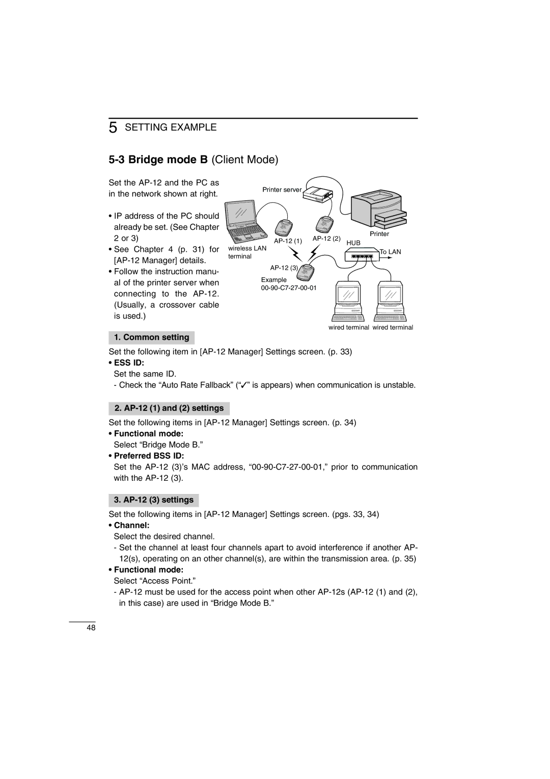 Icom instruction manual Bridge mode B Client Mode, Common setting, AP-12 1 and 2 settings, AP-12 3 settings 