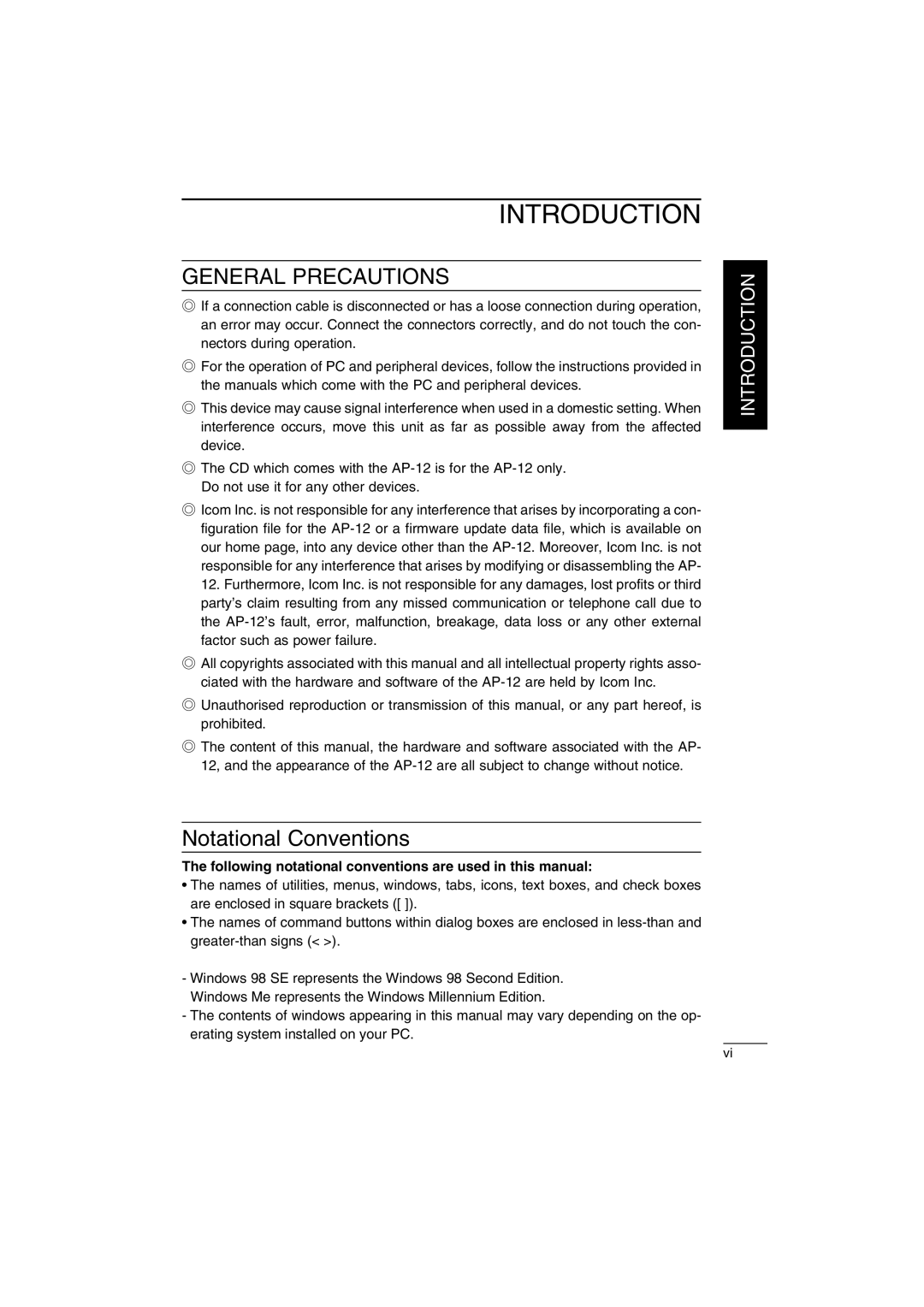 Icom AP-12 instruction manual General Precautions, Following notational conventions are used in this manual 