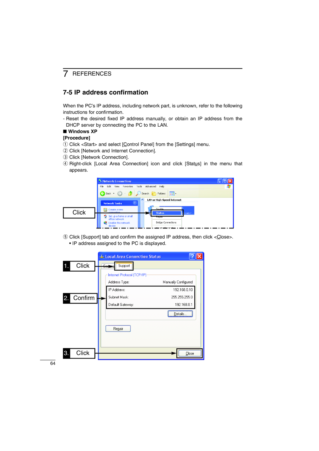 Icom AP-12 instruction manual IP address confirmation, Windows XP Procedure 