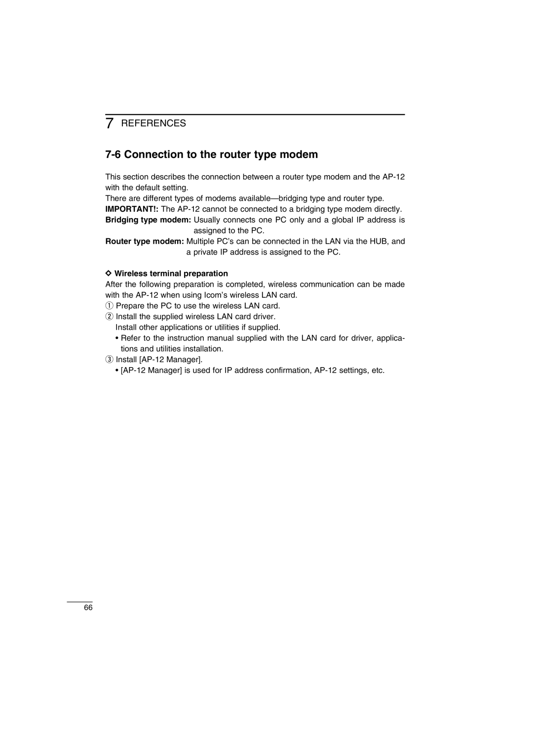 Icom AP-12 instruction manual Connection to the router type modem, Wireless terminal preparation 