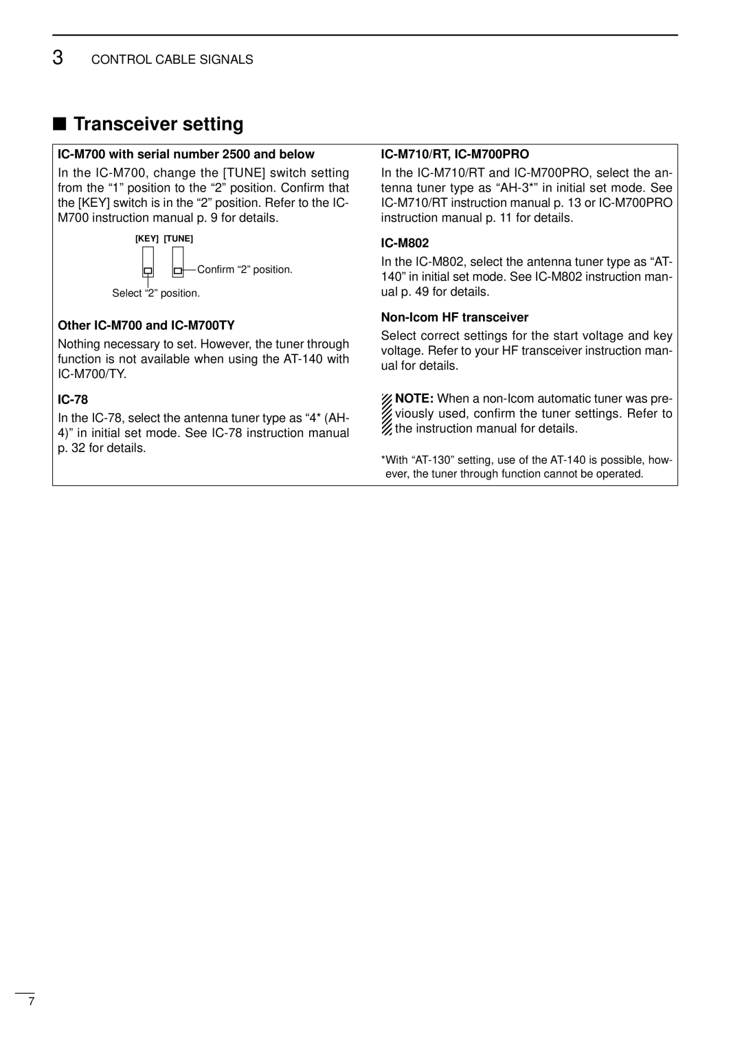 Icom AT-140 instruction manual Transceiver setting, IC-M700 with serial number 2500 and below, Other IC-M700 and IC-M700TY 