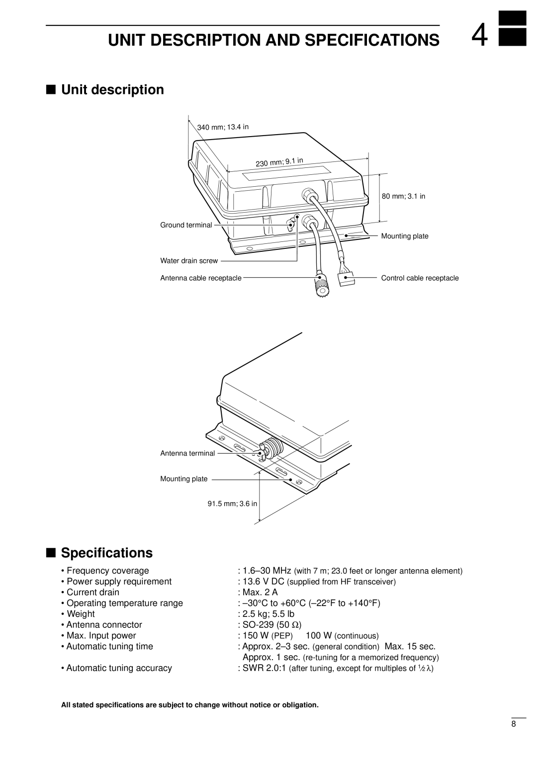 Icom AT-140 instruction manual Unit Description and Specifications, Unit description, Speciﬁcations 