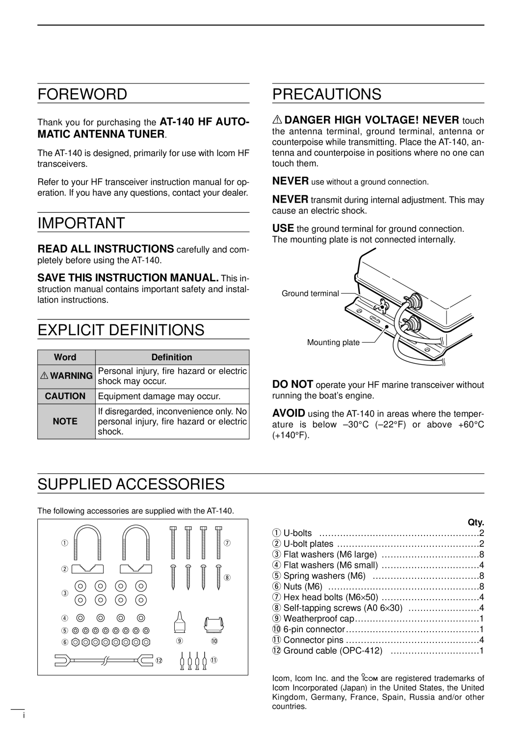 Icom AT-140 instruction manual Word Deﬁnition, Qty 