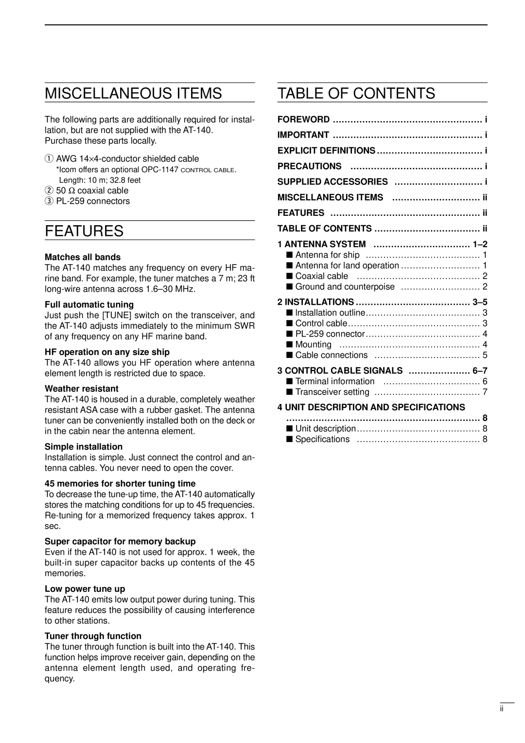 Icom AT-140 instruction manual Miscellaneous Items 