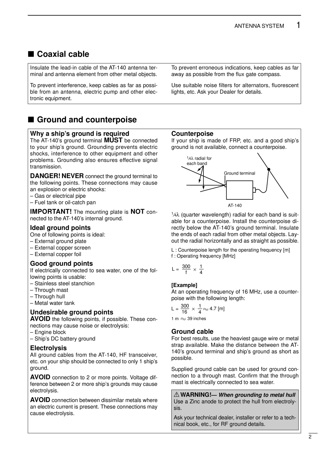 Icom AT-140 instruction manual Coaxial cable, Ground and counterpoise 