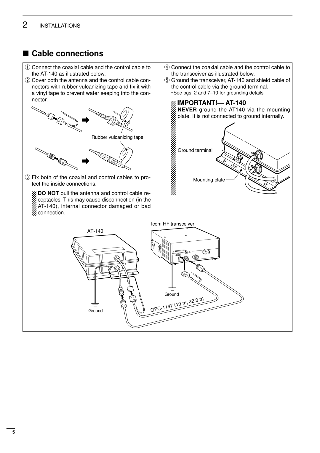 Icom instruction manual Cable connections, IMPORTANT!- AT-140 