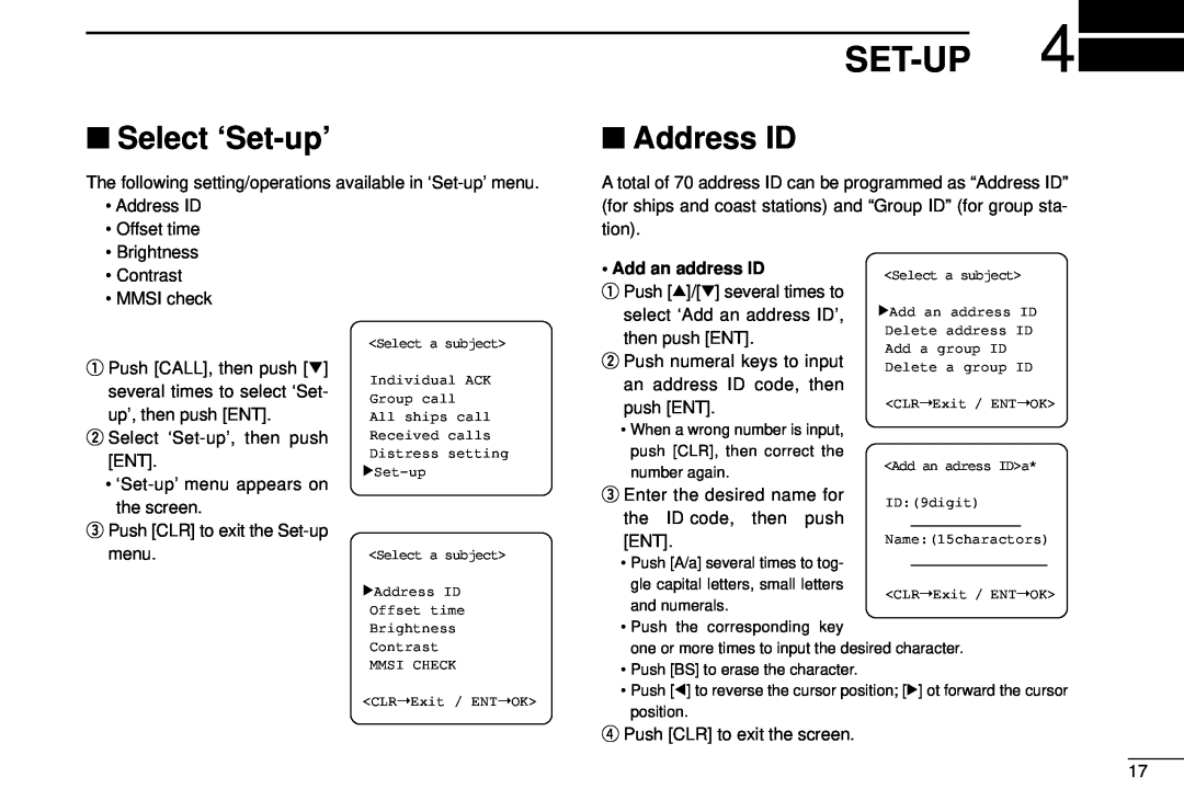 Icom DS-100 instruction manual Set-Up, Select ‘Set-up’, Address ID 