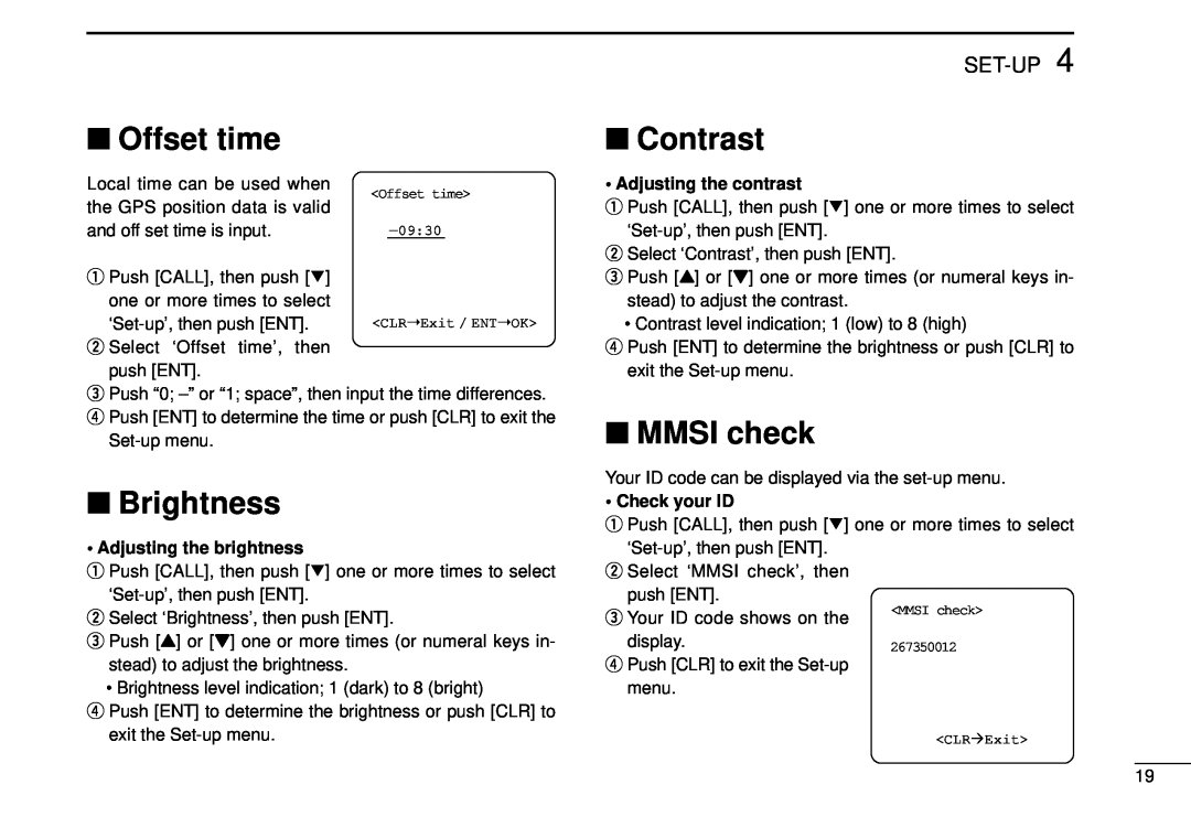Icom DS-100 instruction manual Offset time, Brightness, Contrast, MMSI check, Set-Up 