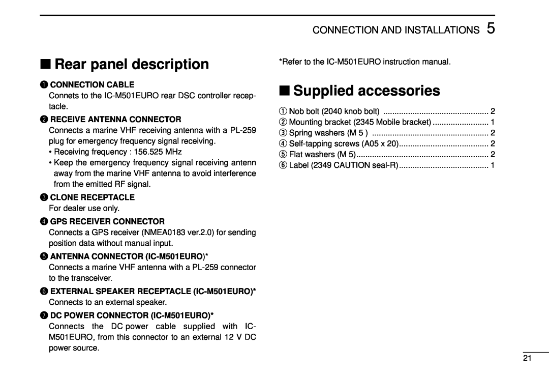 Icom DS-100 instruction manual Rear panel description, Supplied accessories, Connection And Installations 