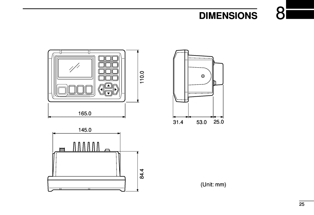 Icom DS-100 instruction manual Dimensions, 145.0, 31.4, 165.0, 110.0, 53.0, 25.0, Unit mm 