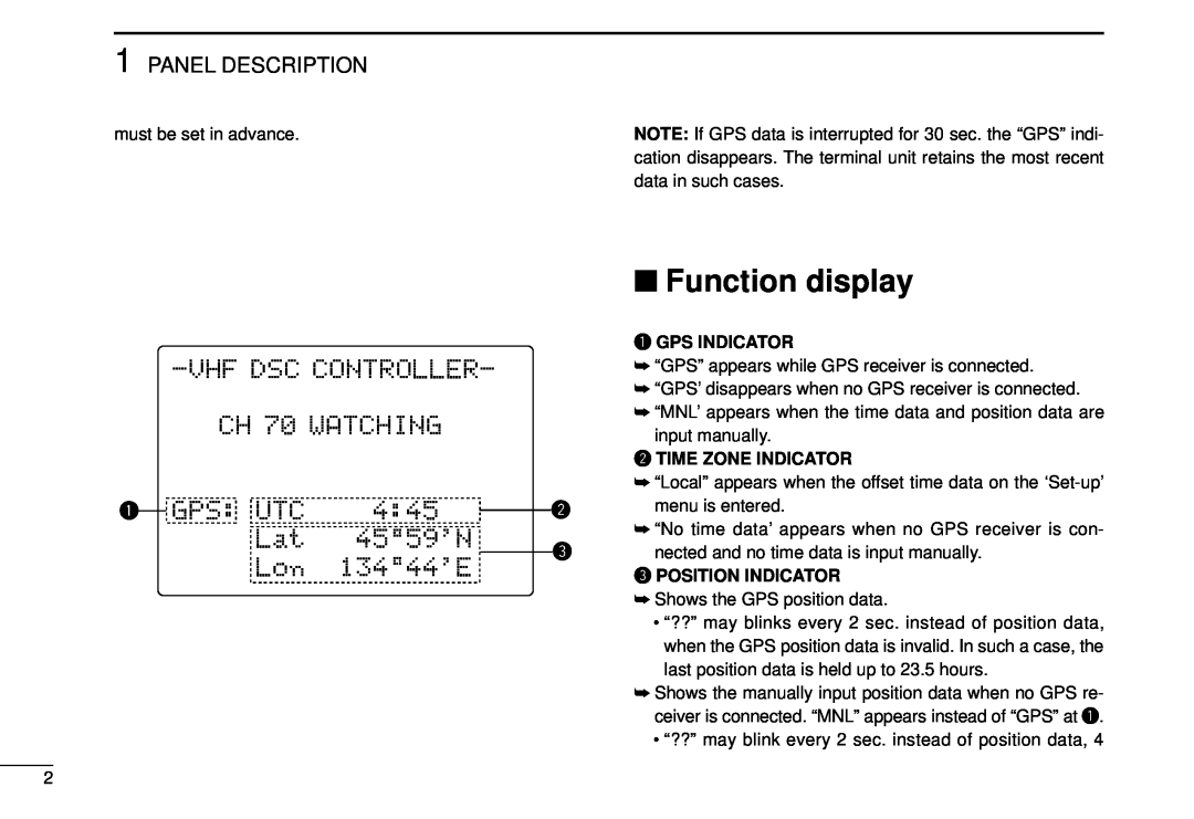 Icom DS-100 instruction manual Function display, Panel Description, VHF DSC CONTROLLER CH 70 WATCHING, Gps Utc 
