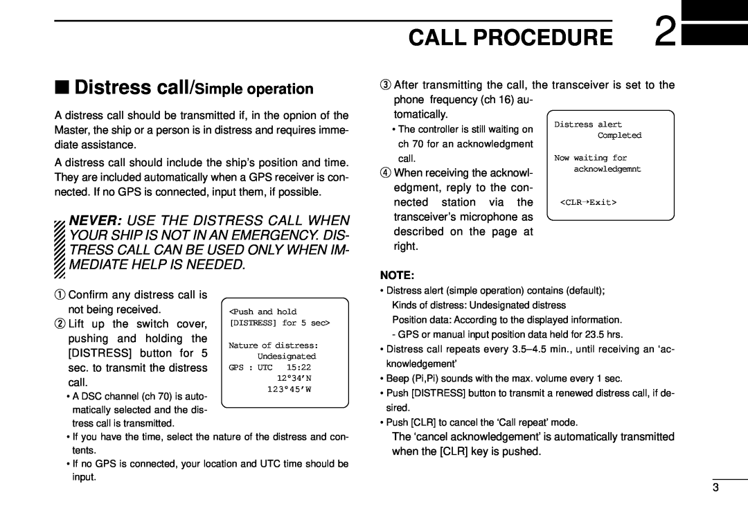 Icom DS-100 instruction manual Call Procedure, Distress call/Simple operation 