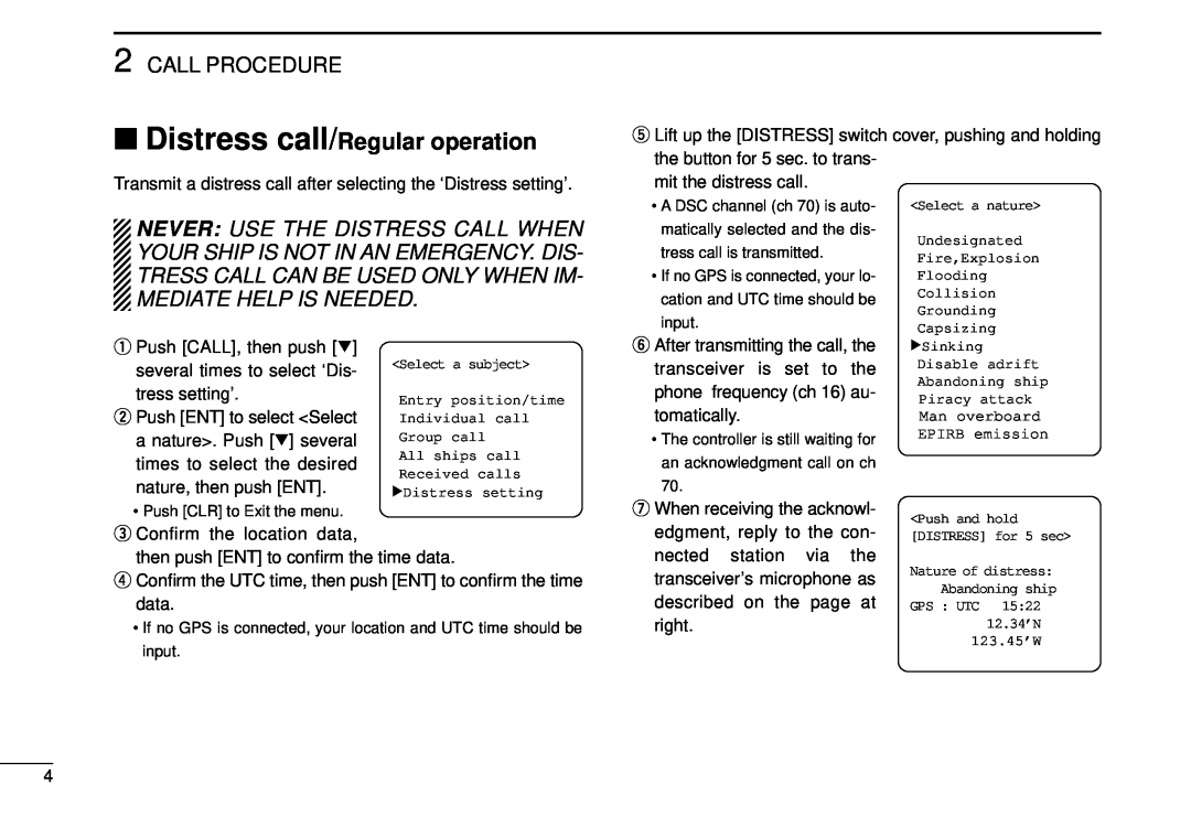 Icom DS-100 instruction manual Distress call/Regular operation, Call Procedure 