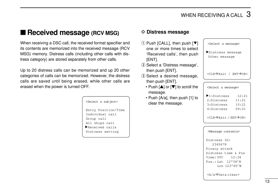 Icom DS-100 instruction manual Received message RCV MSG, Distress message 