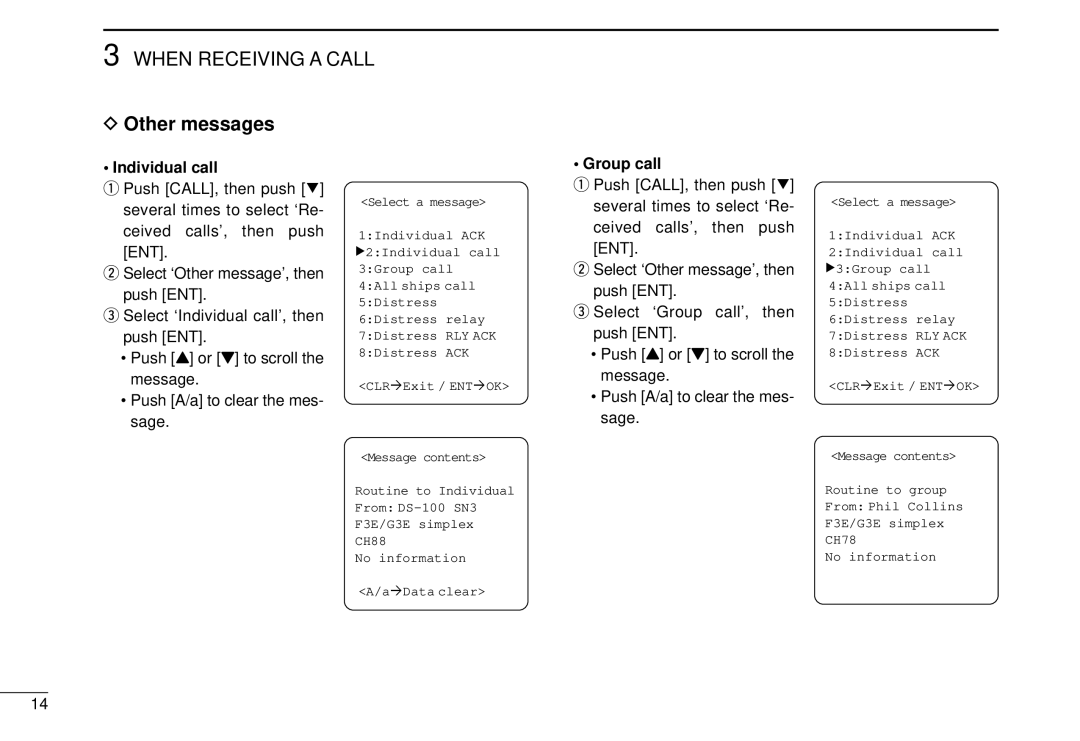 Icom DS-100 instruction manual Other messages, Individual call, Group call 