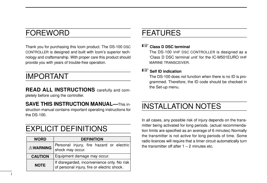 Icom DS-100 Personal injury, fire hazard or electric, Shock may occur, Equipment damage may occur, Class D DSC terminal 