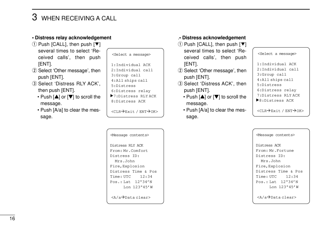 Icom DS-100 instruction manual Distress relay acknowledgement q Push CALL, then push √, Distress acknowledgement 