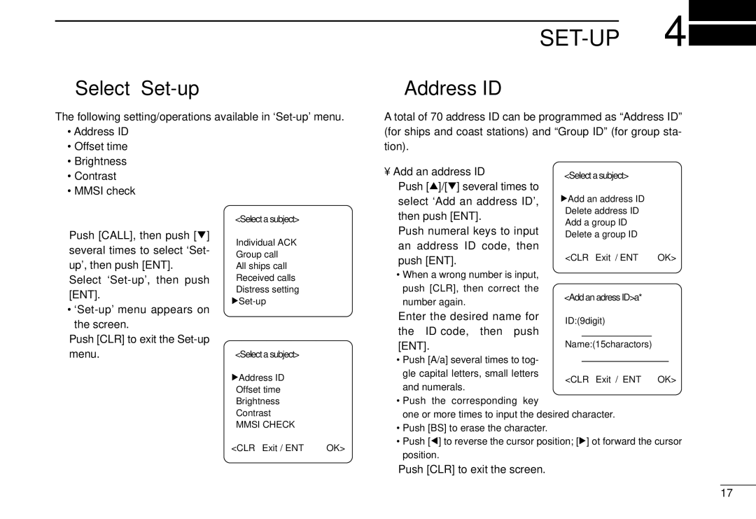 Icom DS-100 instruction manual Set-Up, Select ‘Set-up’, Address ID, Add an address ID 