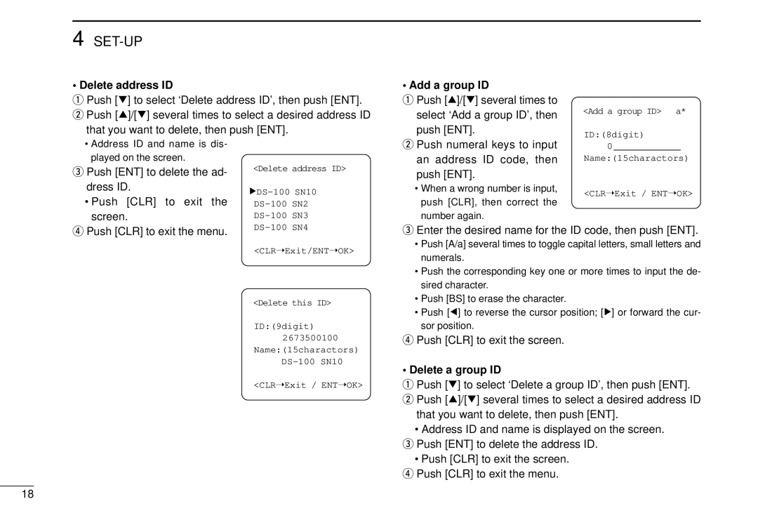 Icom DS-100 instruction manual Delete address ID, Add a group ID, Delete a group ID 