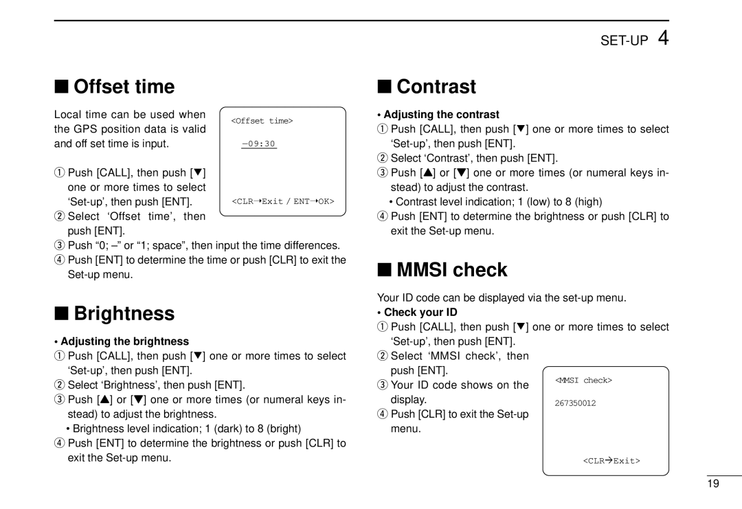 Icom DS-100 instruction manual Offset time, Brightness, Contrast, Mmsi check 