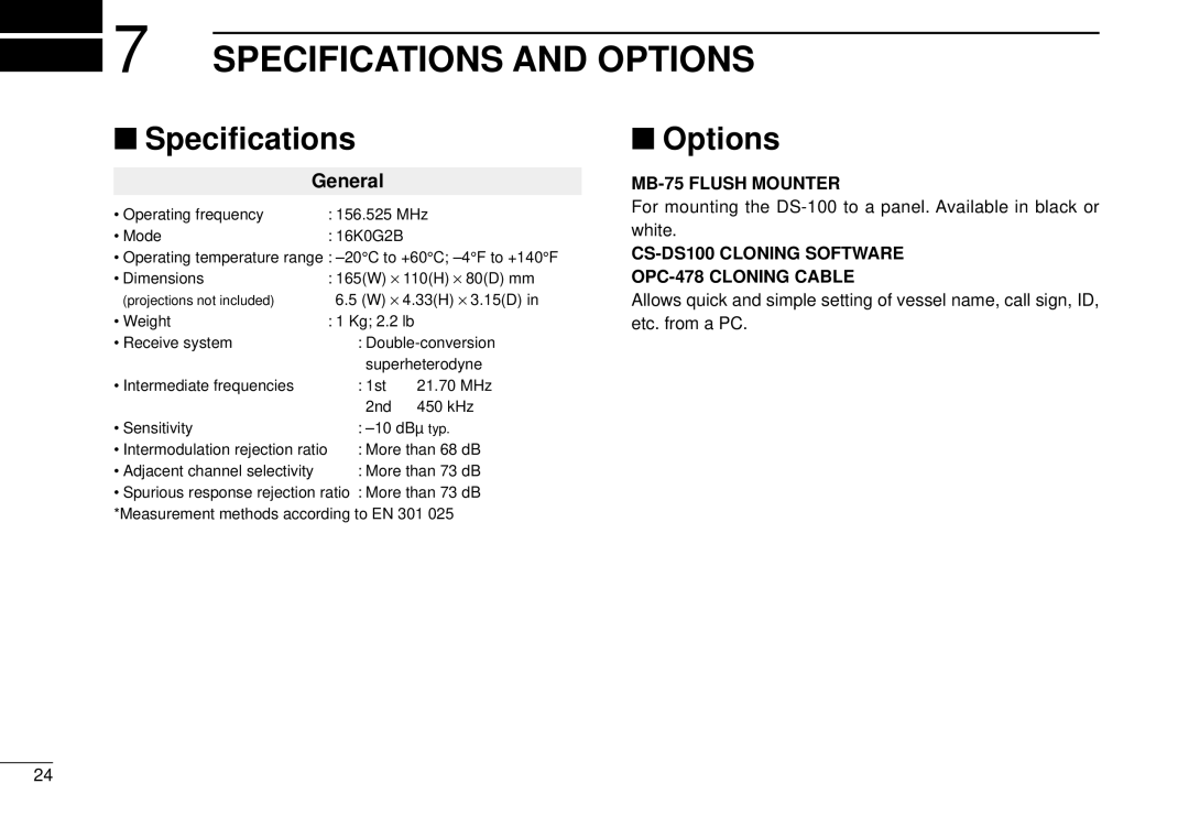 Icom DS-100 instruction manual Specifications and Options, Speciﬁcations 