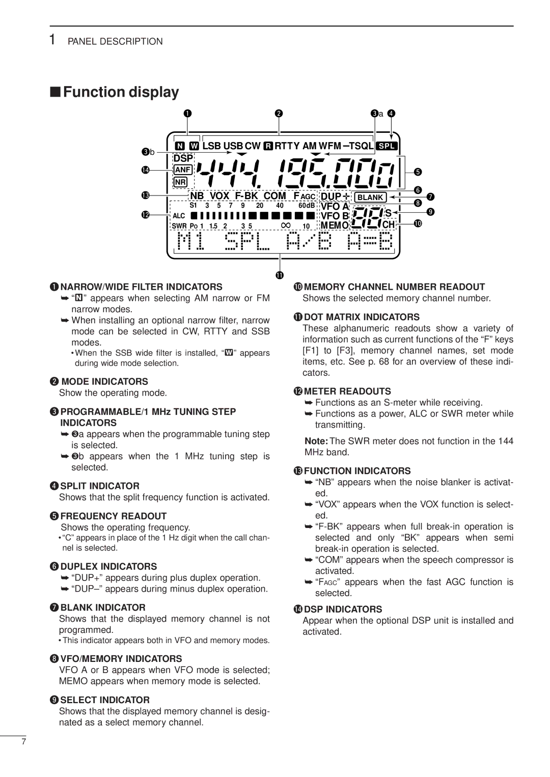 Icom iC-706MKTMG manual Function display, 1DOT Matrix Indicators, 2METER Readouts, 3FUNCTION Indicators, 4DSP Indicators 