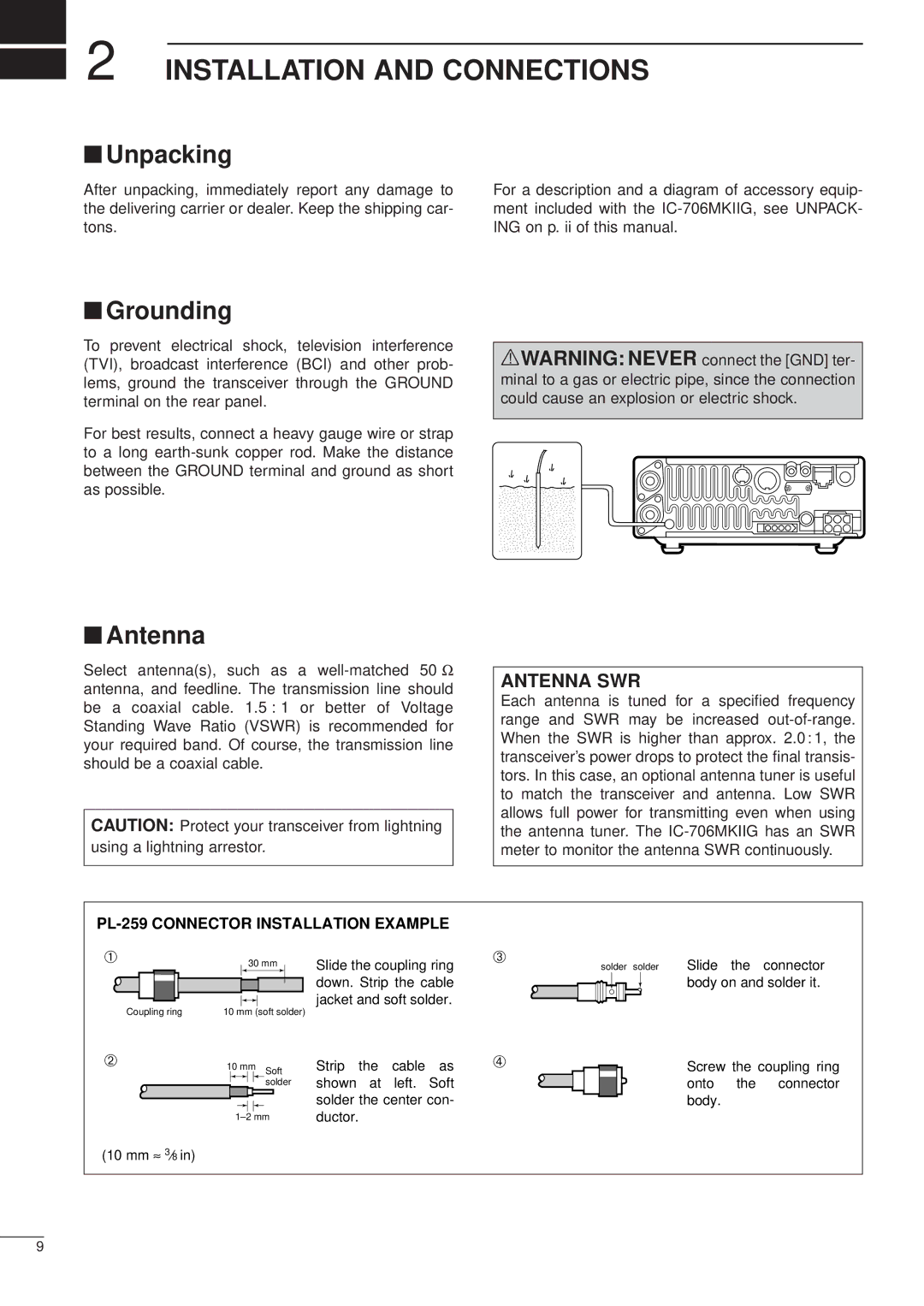 Icom iC-706MKTMG manual Installation and Connections, Unpacking, Grounding, Antenna, PL-259 Connector Installation Example 