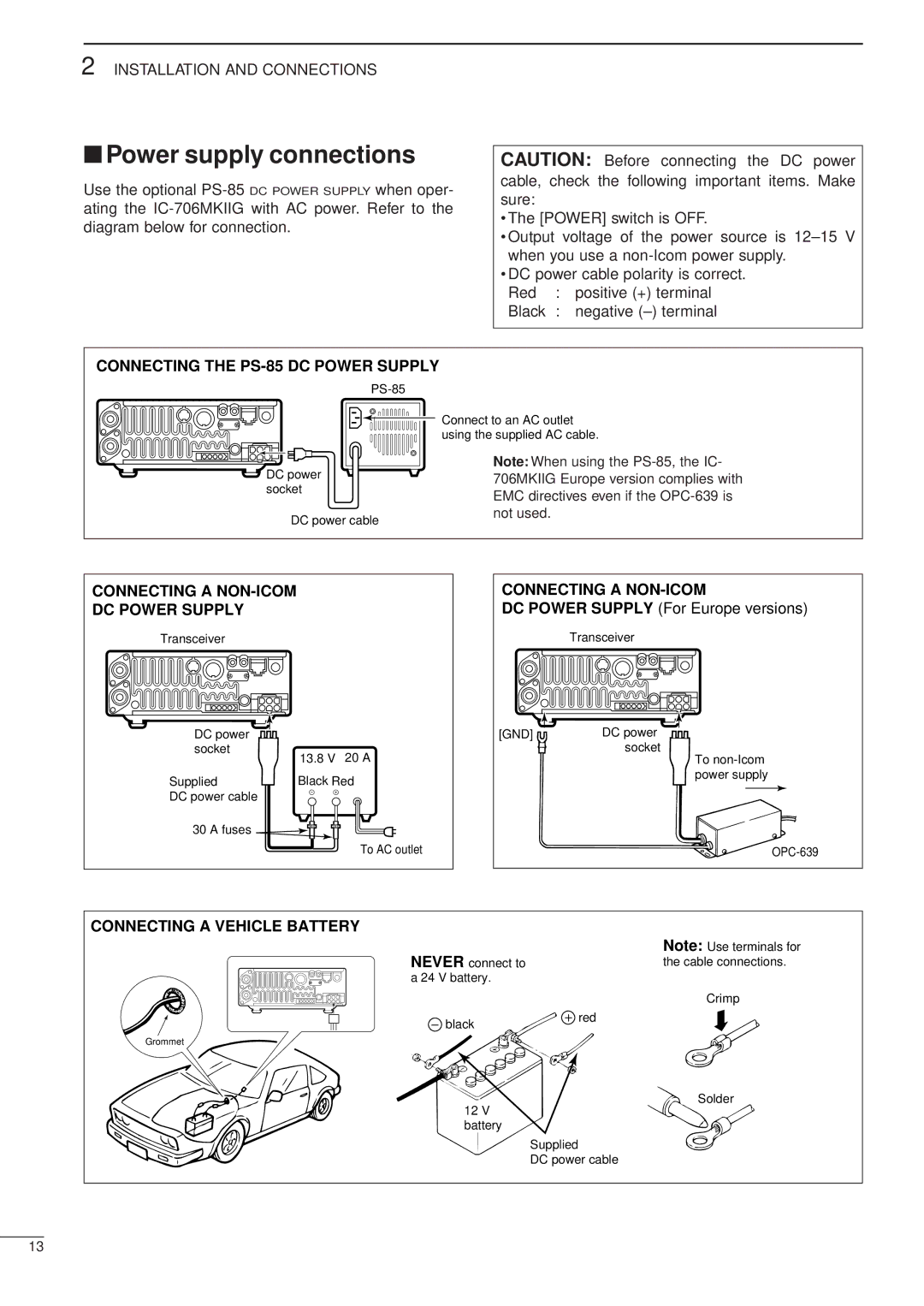 Icom iC-706MKTMG Power supply connections, Connecting the PS-85 DC Power Supply, Connecting a NON-ICOM DC Power Supply 